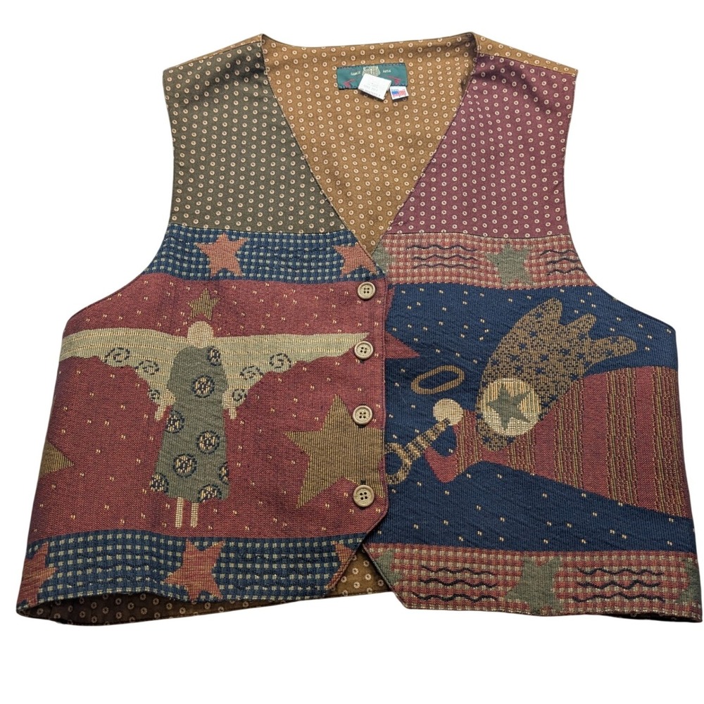 Vintage USA Orvis Tapestry Vest Womens Large Brown Angel Star Patchwork